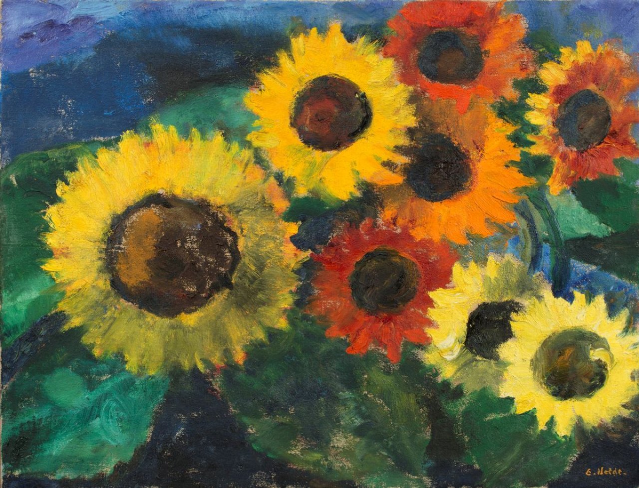Auf diesem Bild ist das folgende Kunstwerk zu sehen: Emil Nolde. „Leuchtende Sonnenblumen“. 1950.