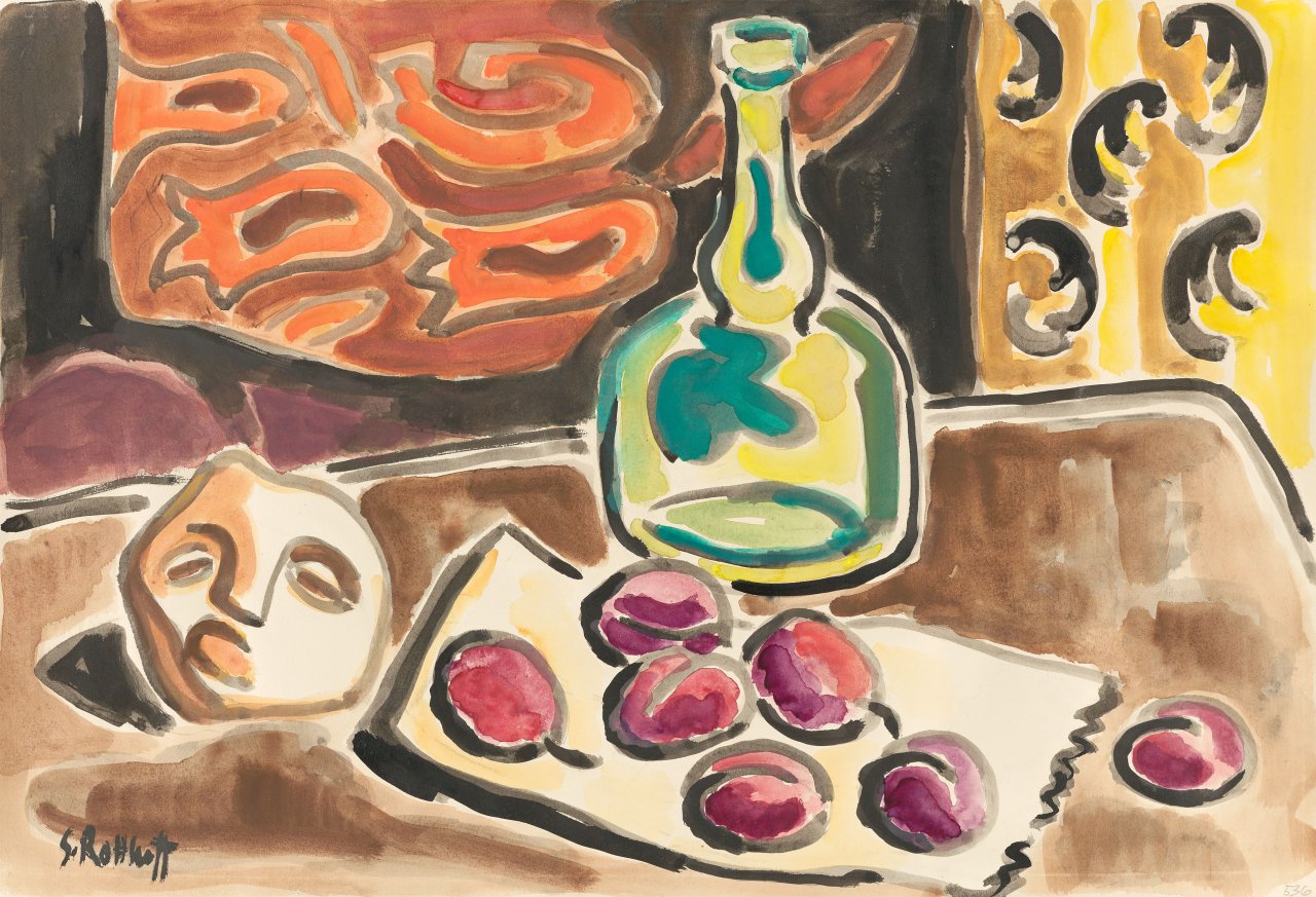 Auf diesem Bild ist das folgende Kunstwerk zu sehen: Karl Schmidt-Rottluff. „Stilleben mit Pflaumen und Steinmaske“. 1953.