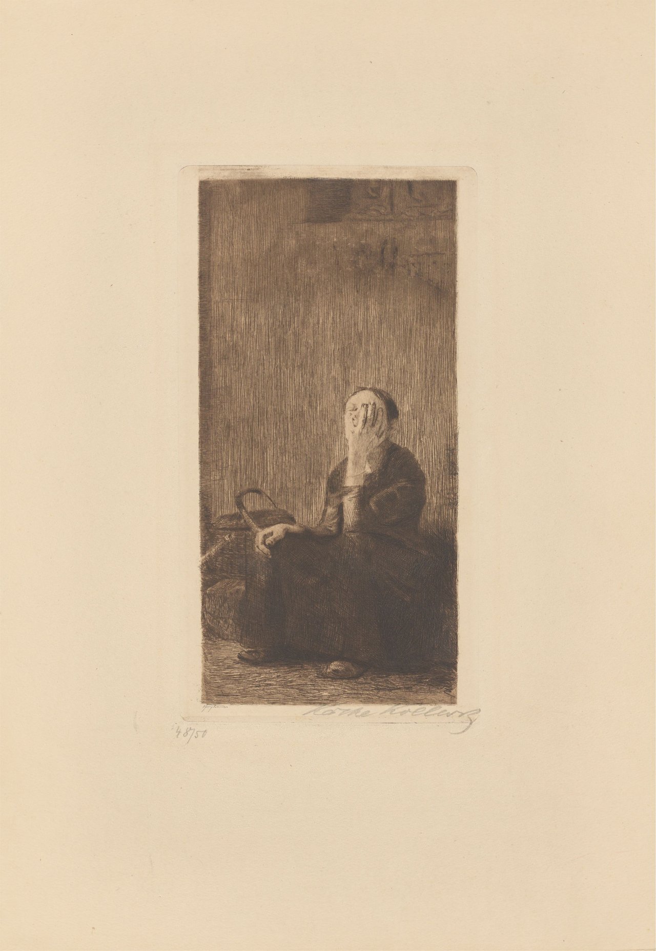 Auf diesem Bild ist das folgende Kunstwerk zu sehen: Käthe Kollwitz. „An der Kirchenmauer“. 1893.