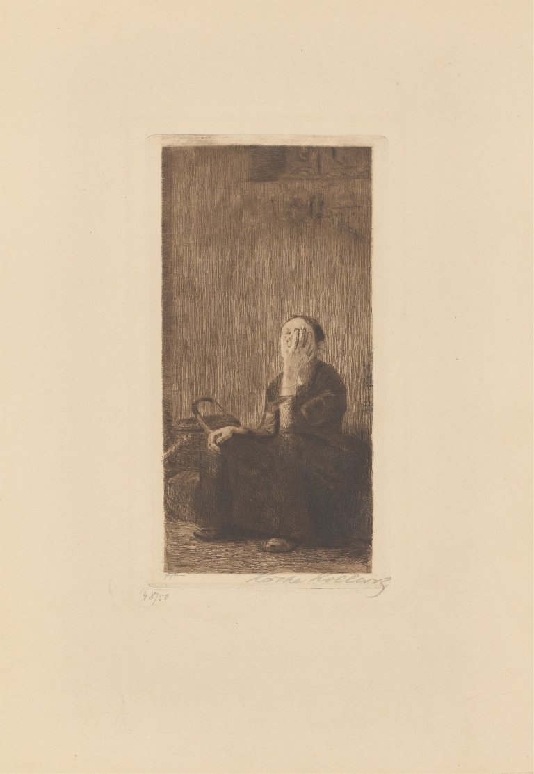 Auf diesem Bild ist das folgende Kunstwerk zu sehen: Käthe Kollwitz. „An der Kirchenmauer“. 1893.