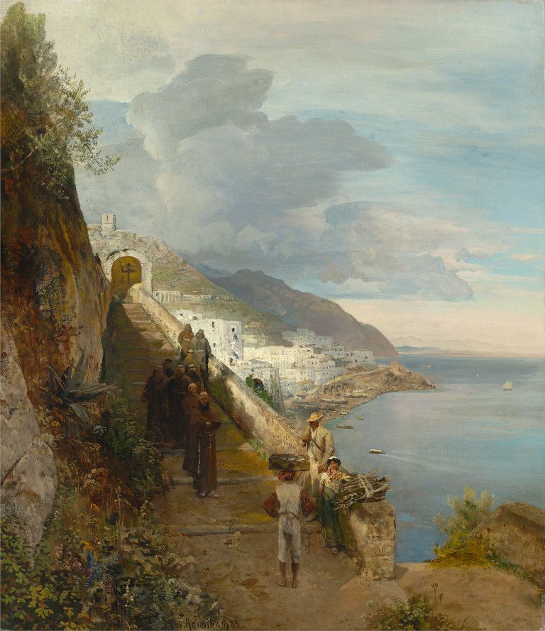 Auf diesem Bild ist das folgende Kunstwerk zu sehen: Oswald Achenbach. Die Küste von Amalfi mit der Stiege zum Kapuzinerkloster. 1883.