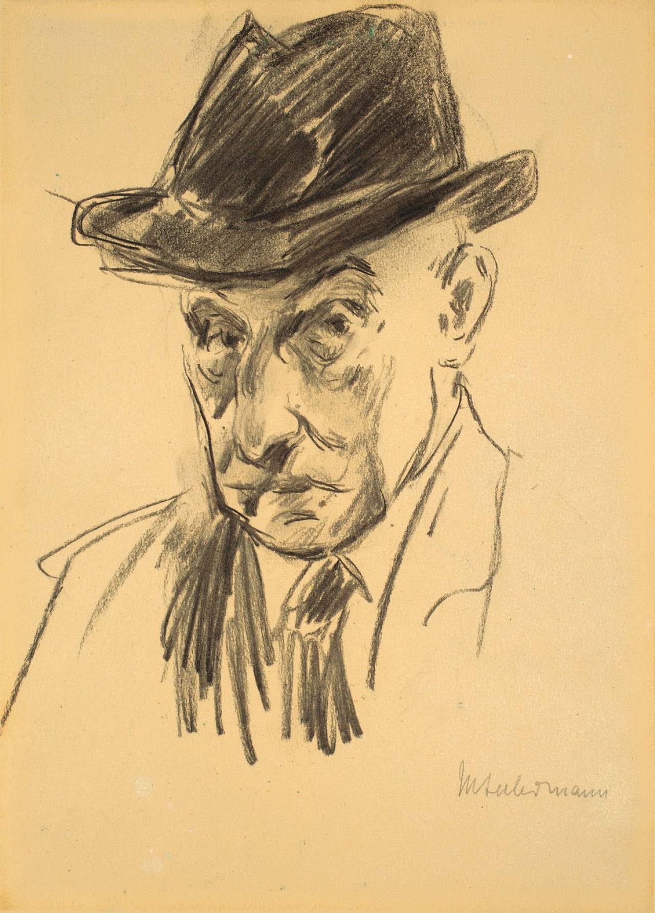 This picture shows the following artwork: Max Liebermann. „Selbstbildnis mit schwarzem Hut“. Circa 1926.