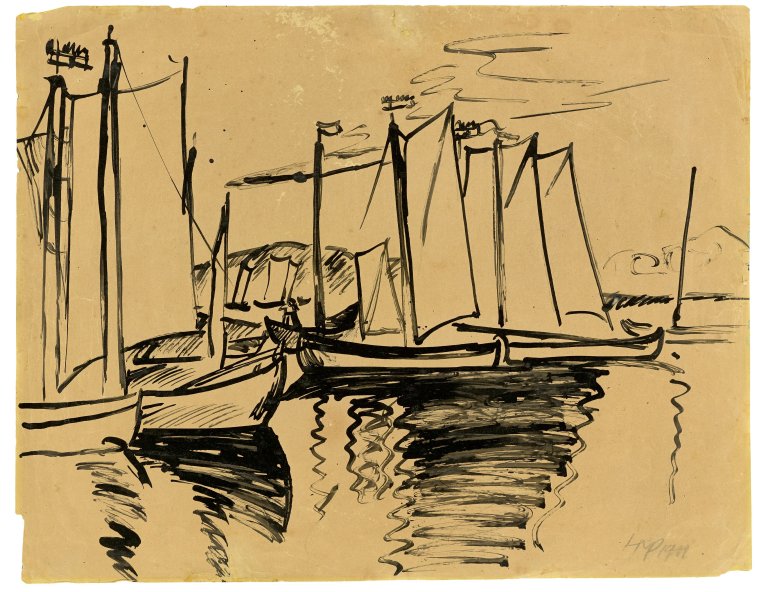 Auf diesem Bild ist das folgende Kunstwerk zu sehen: Max Pechstein. „Kurenkähne und Spiegelung“. 1911.