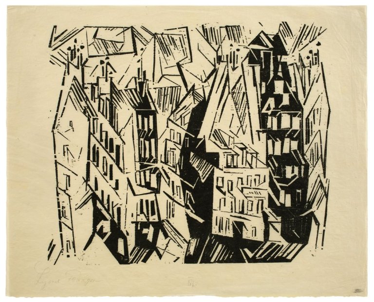 Auf diesem Bild ist das folgende Kunstwerk zu sehen: Lyonel Feininger. „Pariser Häuser“ („Houses in Paris“). 1918.