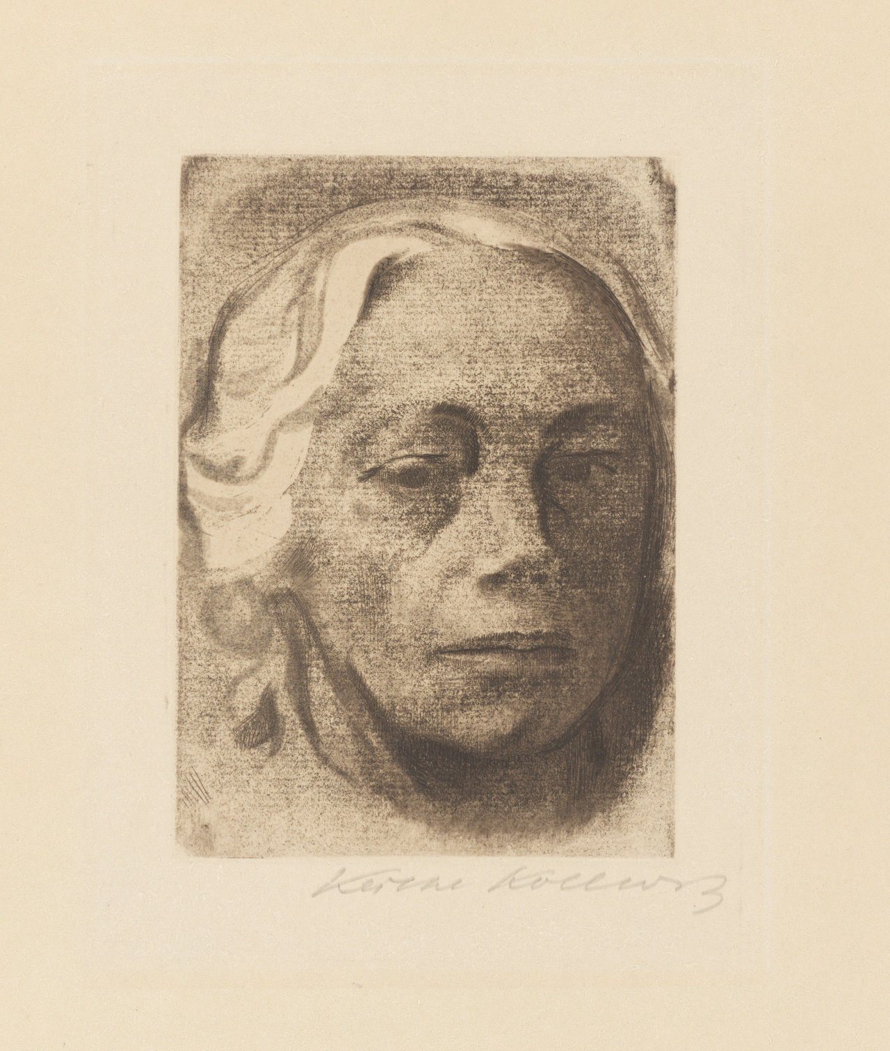 Auf diesem Bild ist das folgende Kunstwerk zu sehen: Käthe Kollwitz. „Selbstbildnis“. 1912/Um 1920.