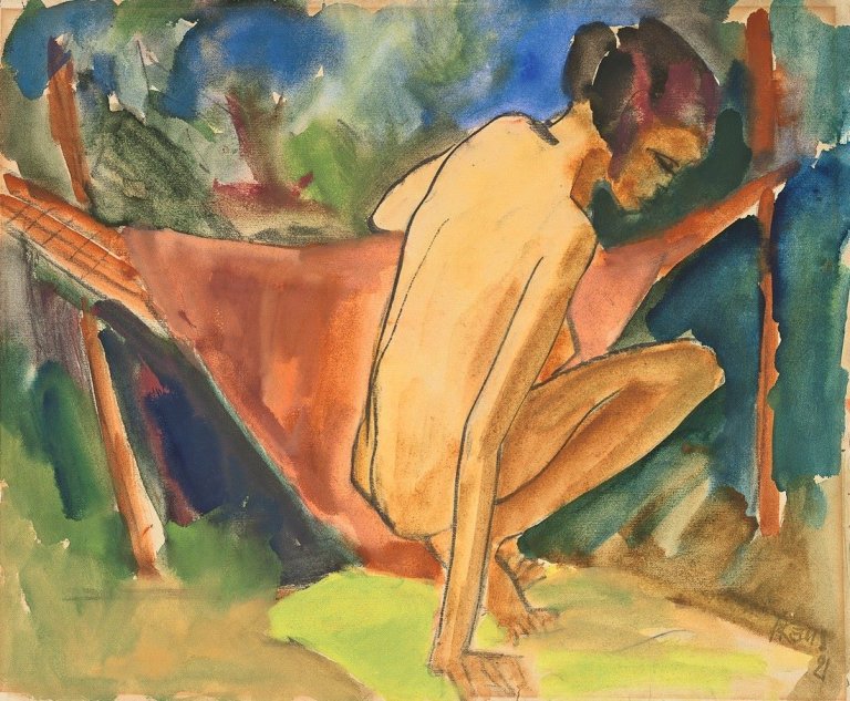 Auf diesem Bild ist das folgende Kunstwerk zu sehen: Max Kaus. Hockende vor Hängematte. 1921.