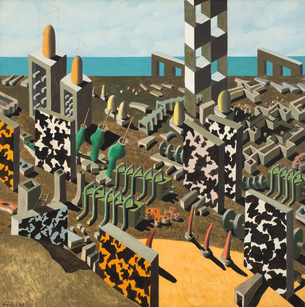 Auf diesem Bild ist das folgende Kunstwerk zu sehen: Ulrich Knispel. „Landschaft mit Startrampe“. 1977.