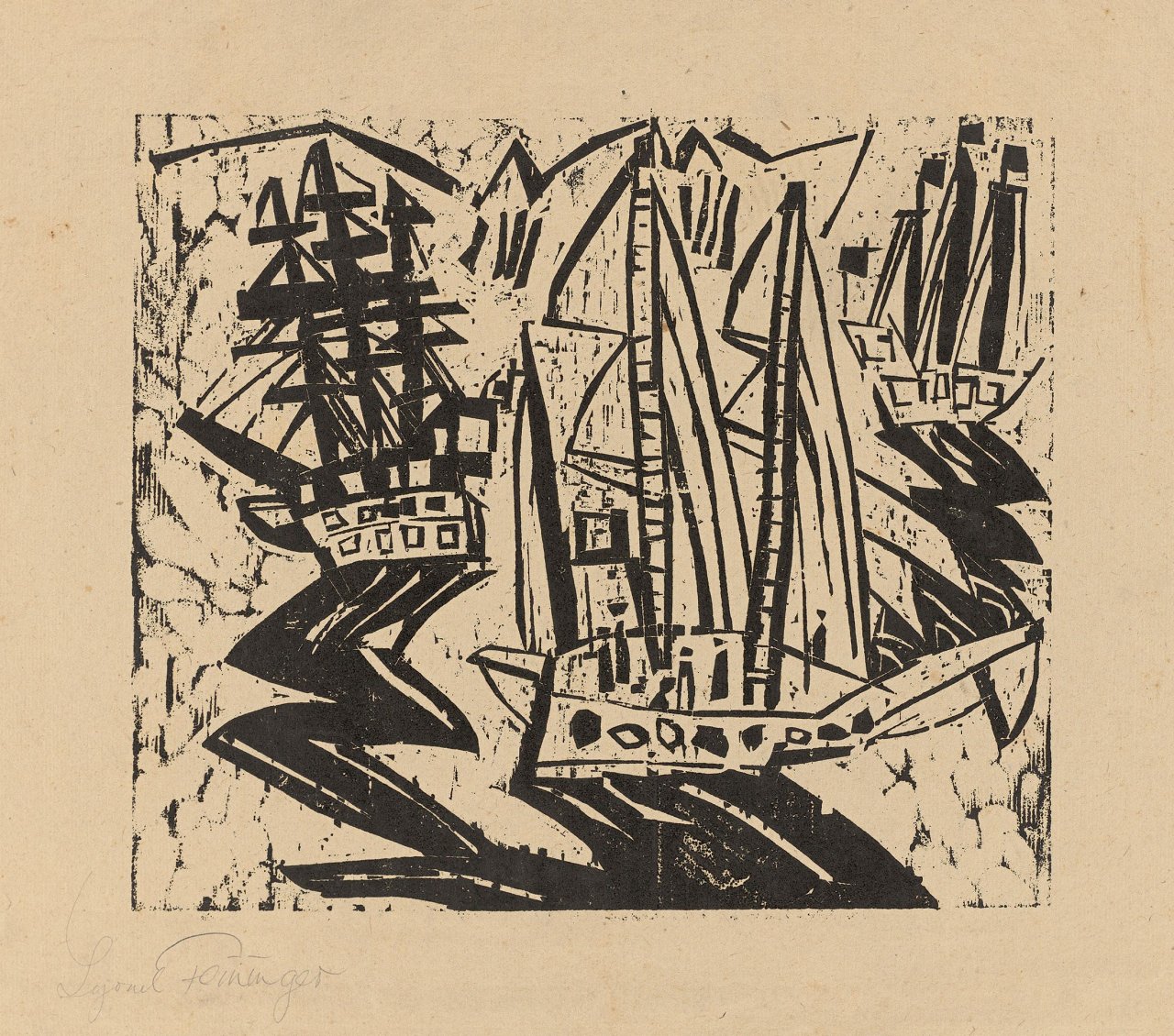 Auf diesem Bild ist das folgende Kunstwerk zu sehen: Lyonel Feininger. „Schiffe (drei Segelschiffe)“. 1919.