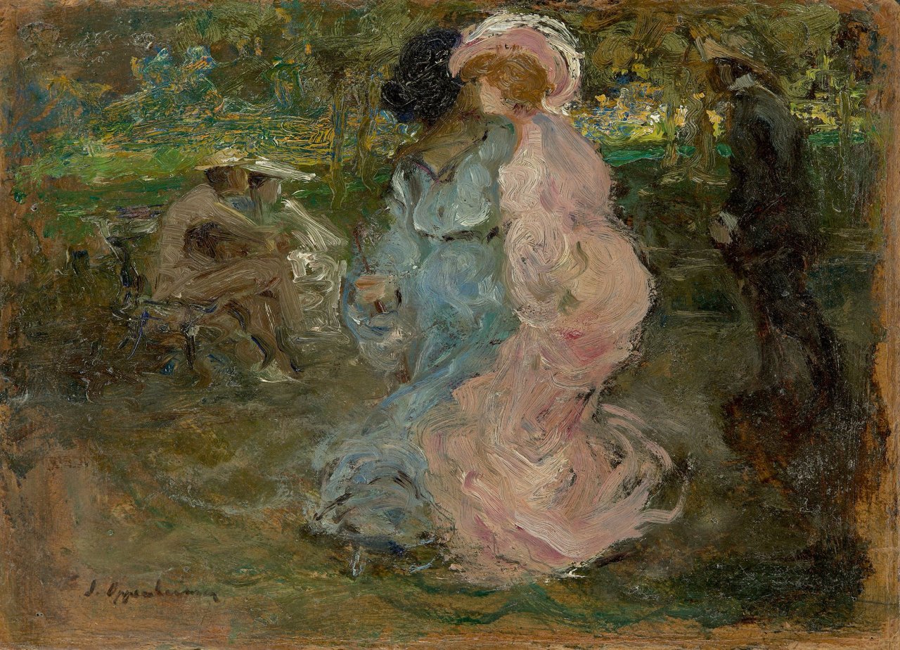 Auf diesem Bild ist das folgende Kunstwerk zu sehen: Josef Oppenheimer. Gesellschaft im Park. Um 1900.