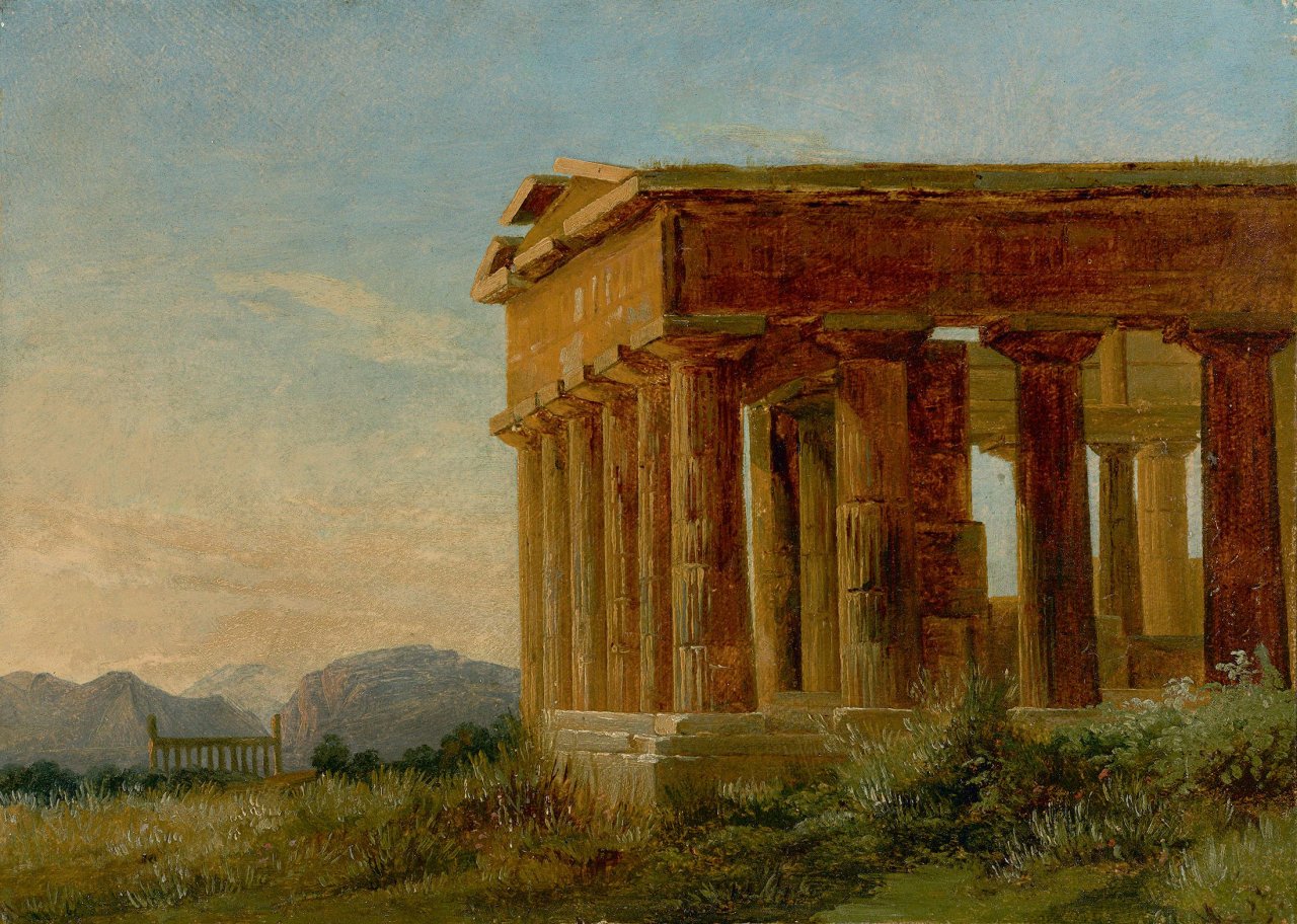 Auf diesem Bild ist das folgende Kunstwerk zu sehen:  Deutsch, um 1830. Der Tempel der Athena in Paestum.