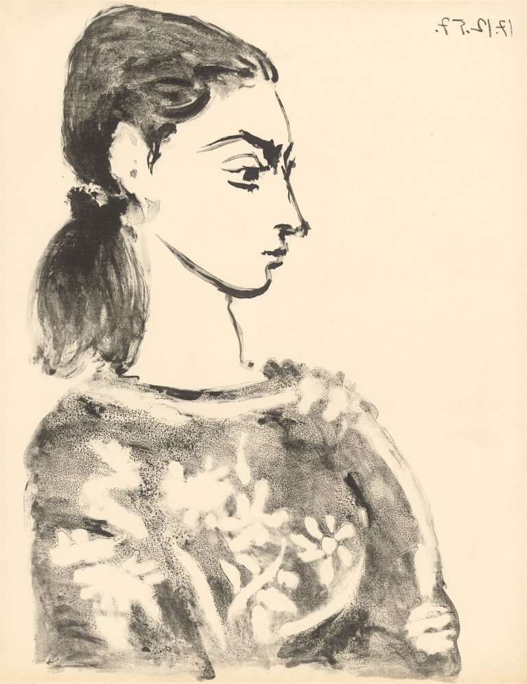 Auf diesem Bild ist das folgende Kunstwerk zu sehen: Pablo Picasso. „Femme au corsage à fleurs“. 1957.