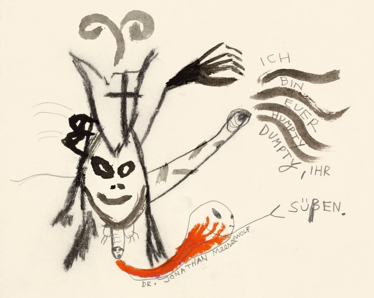 Auf diesem Bild ist das folgende Kunstwerk zu sehen: Jonathan Meese. „Ich bin Euer Humpty Dumpty, Ihr Süßen“.