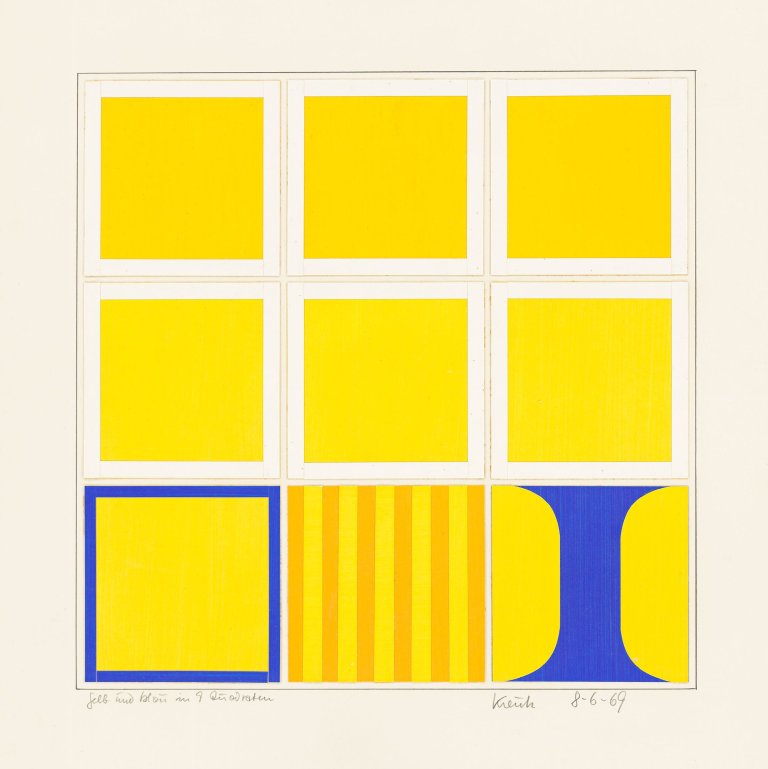 Auf diesem Bild ist das folgende Kunstwerk zu sehen: Heinz Kreutz. „Gelb und Blau in 9 Quadraten“. 1969.