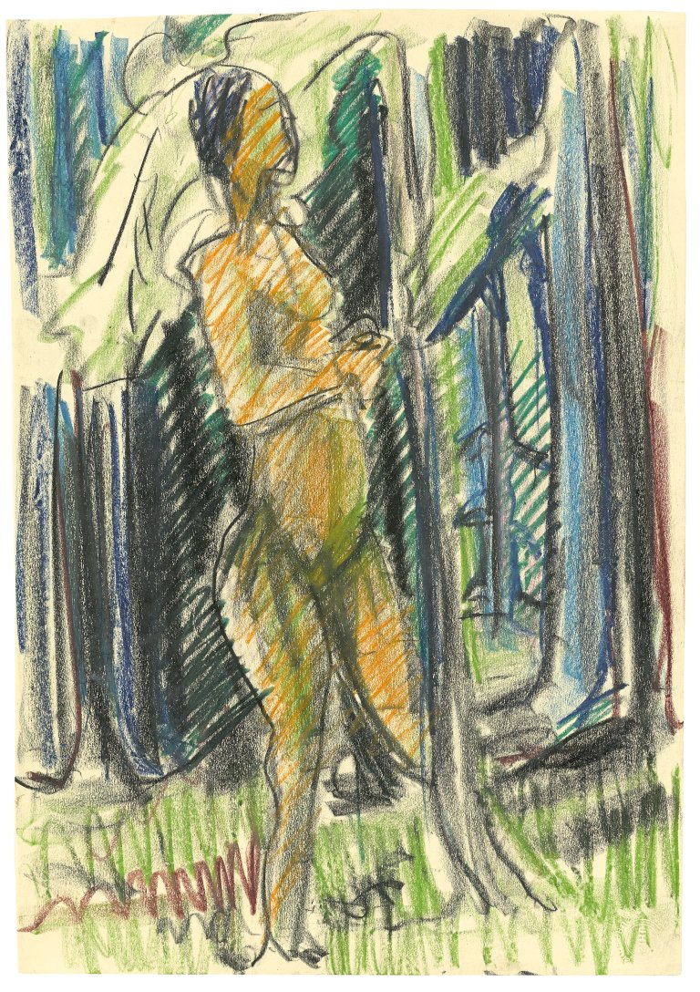 Auf diesem Bild ist das folgende Kunstwerk zu sehen: Ernst Ludwig Kirchner. Stehender Akt im Wald. Um 1921/22.