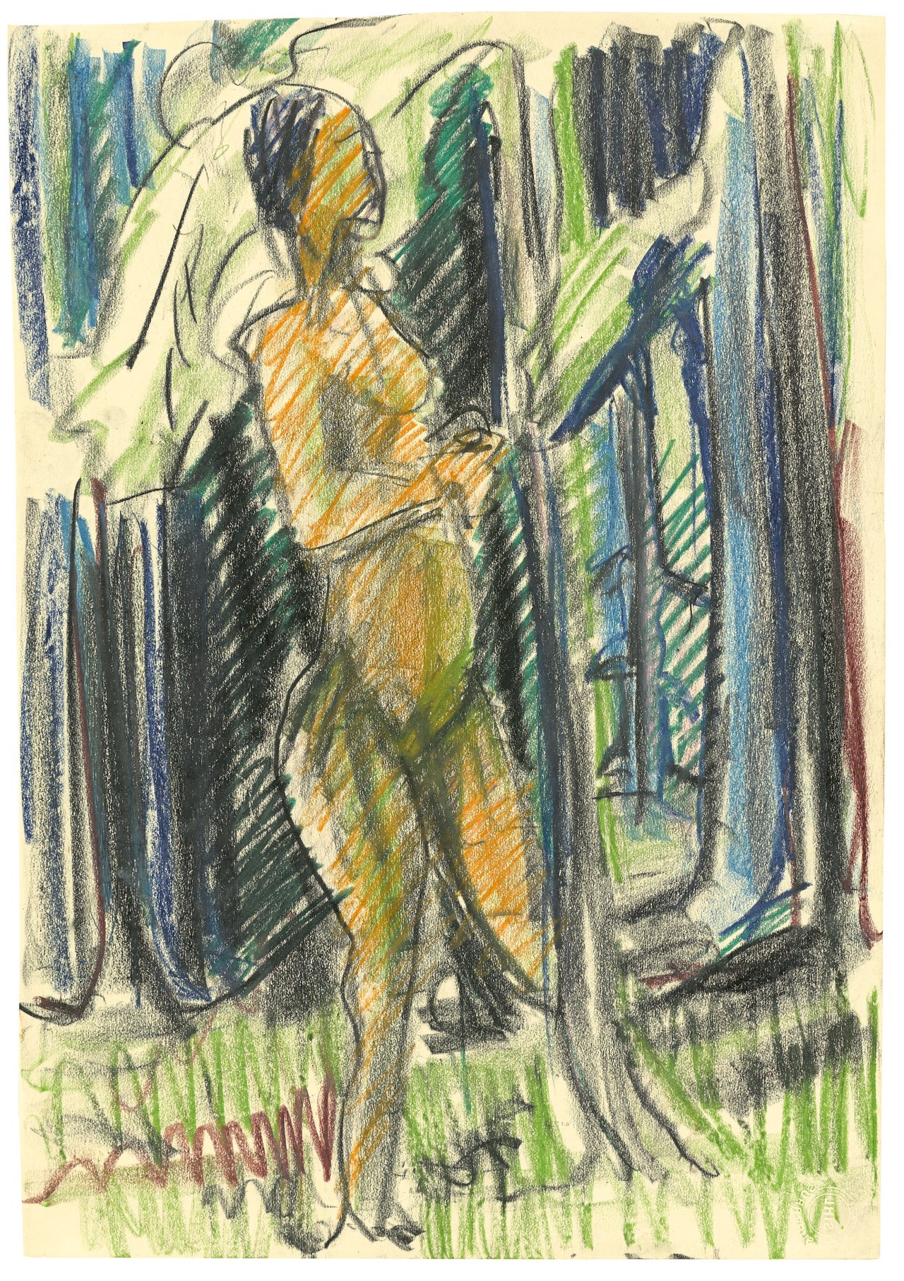 Auf diesem Bild ist das folgende Kunstwerk zu sehen: Ernst Ludwig Kirchner. Stehender Akt im Wald. Um 1921/22.