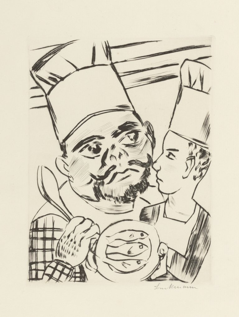 Auf diesem Bild ist das folgende Kunstwerk zu sehen: Max Beckmann. „König Jerums Sohn Ursulus als Küchenlehrling in der Küche seines Vaters“. 1923.