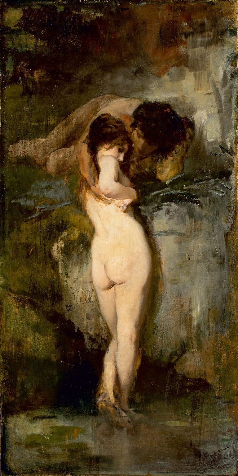 Auf diesem Bild ist das folgende Kunstwerk zu sehen: Bruno Piglhein. Liebespaar an der Quelle (Entwurf). 1890.