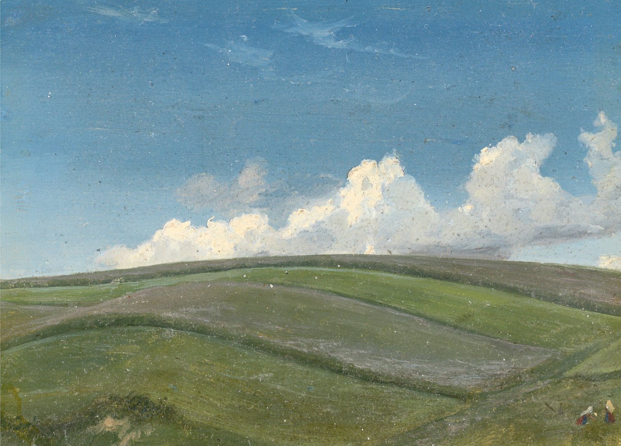 This picture shows the following artwork: Johann Heinrich Schilbach. Two oil studies: View over fields / landscape study. Circa 1845.