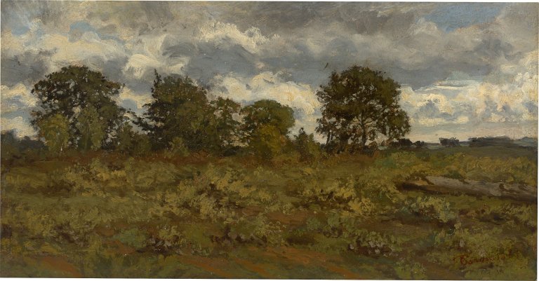 Auf diesem Bild ist das folgende Kunstwerk zu sehen:  Französisch, um 1860. Landschaft bei stürmischem Wetter (Barbizon?).