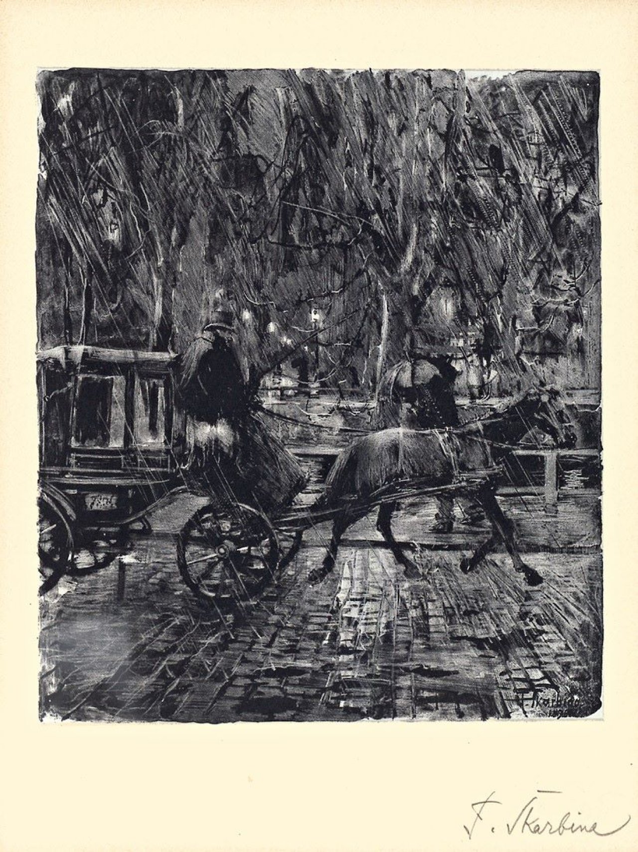 Auf diesem Bild ist das folgende Kunstwerk zu sehen: Franz Skarbina. „Droschke im Regen“. 1896.
