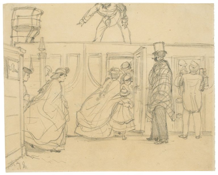 Auf diesem Bild ist das folgende Kunstwerk zu sehen: Adolph Menzel. Reisende auf dem Bahnsteig („Für Damen“ / „Für Herren“). Um 1867.