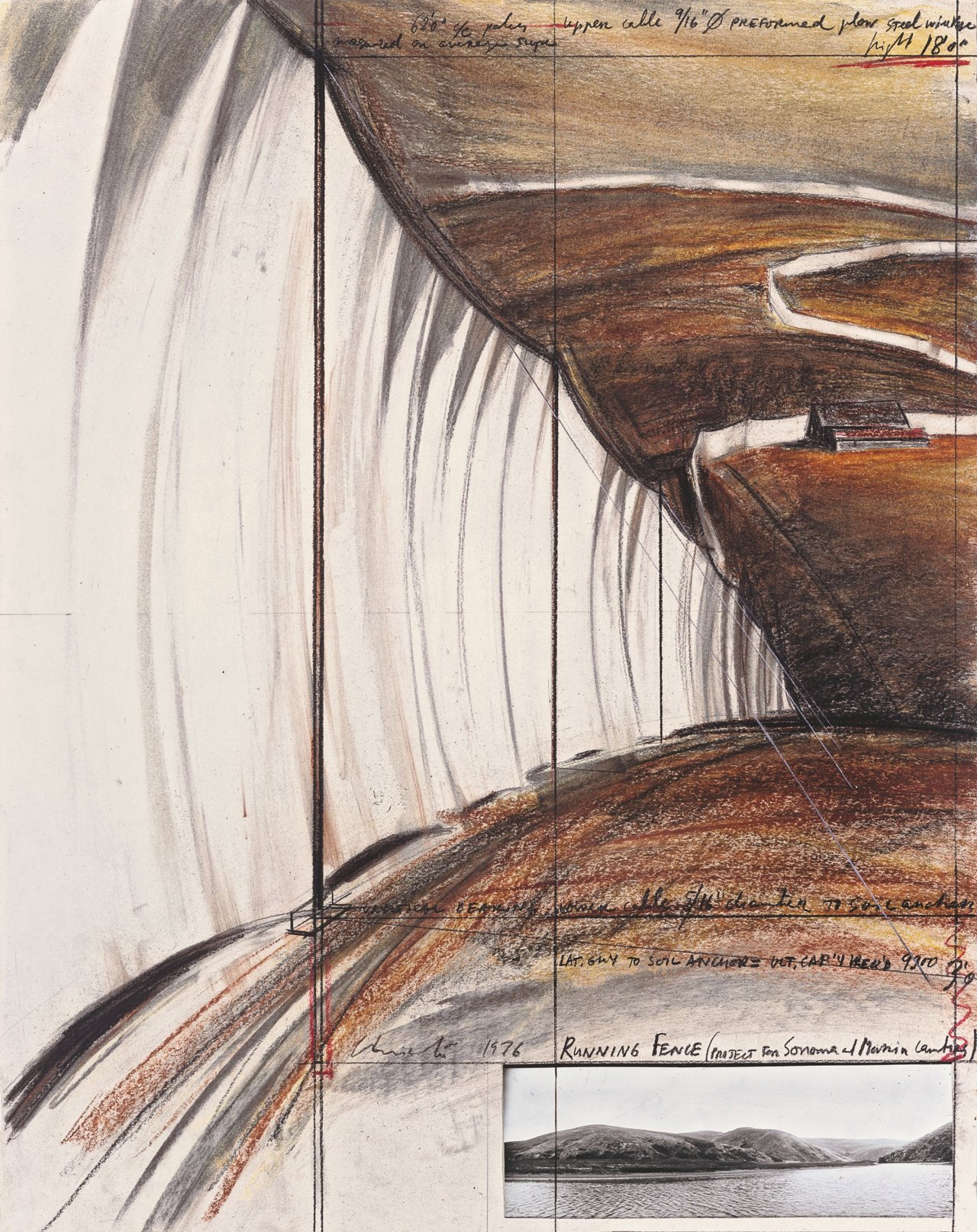 Auf diesem Bild ist das folgende Kunstwerk zu sehen:  Christo. „Running Fence (Project for Sonoma and Marin Counties)“. 1976.