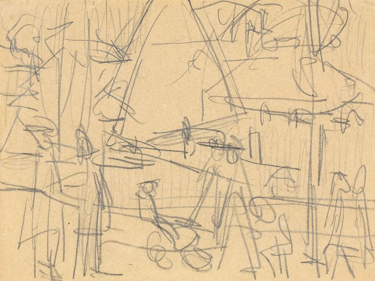 Auf diesem Bild ist das folgende Kunstwerk zu sehen: Ernst Ludwig Kirchner. Spaziergänger am Zürichsee (mit Segelbooten). 1925/26.