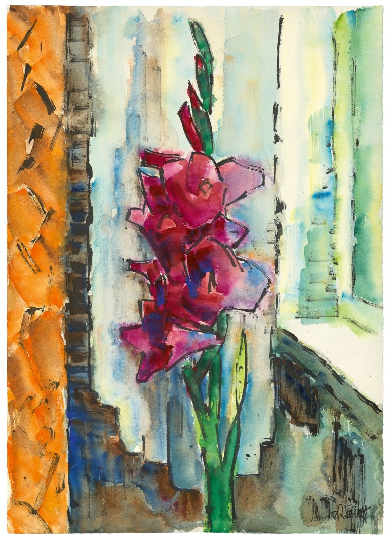 Auf diesem Bild ist das folgende Kunstwerk zu sehen: Karl Schmidt-Rottluff. „Purpurne Gladiole III“. 1964.