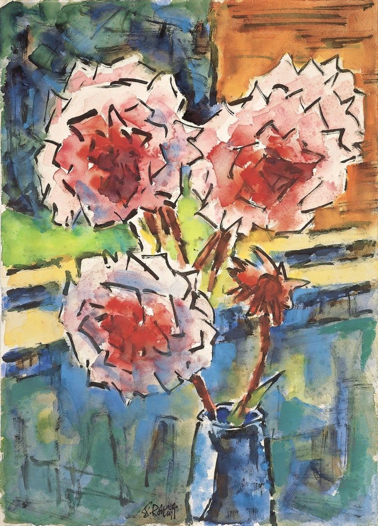 Auf diesem Bild ist das folgende Kunstwerk zu sehen: Karl Schmidt-Rottluff. Pfingstrosen. Um 1958.