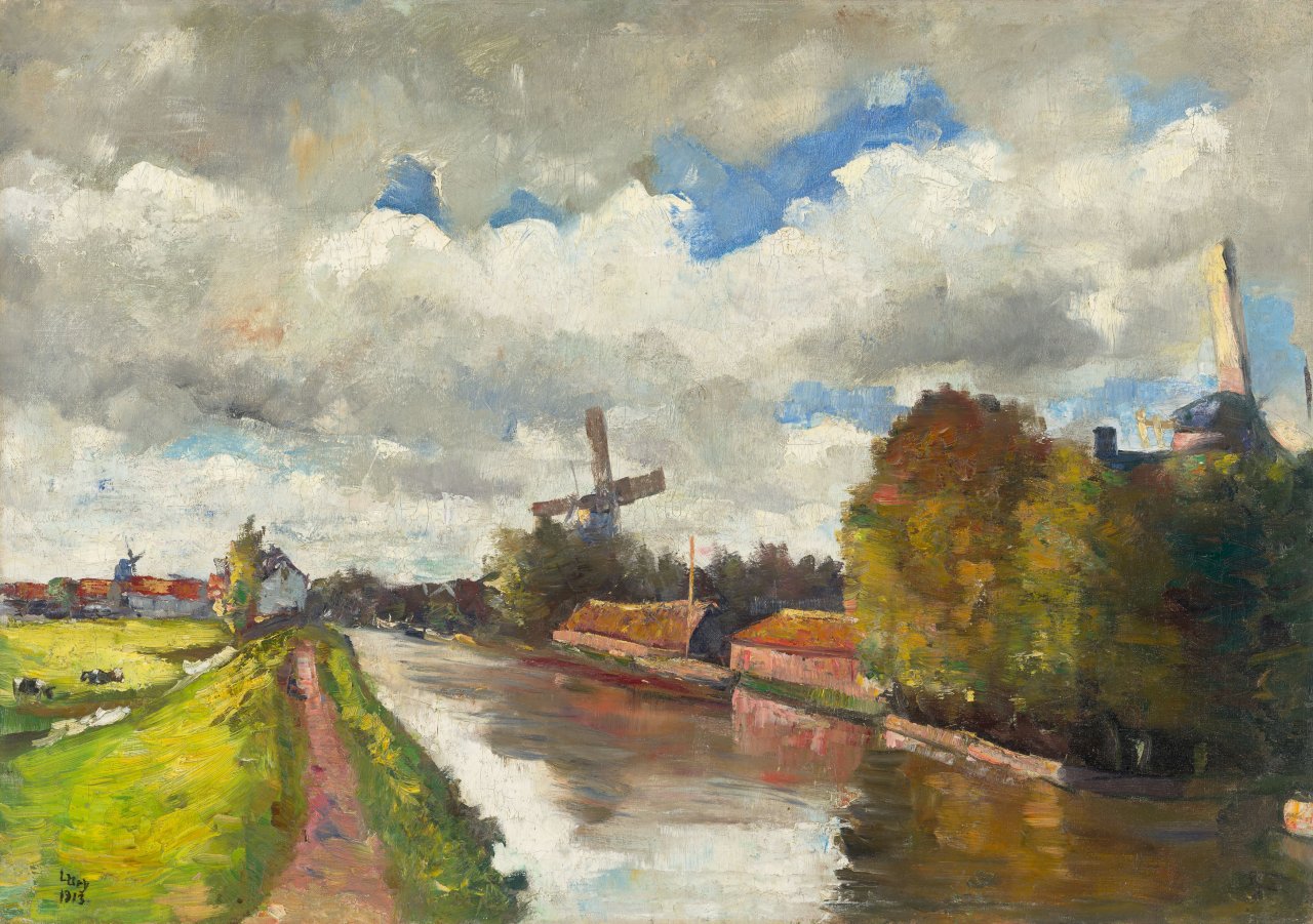 Auf diesem Bild ist das folgende Kunstwerk zu sehen: Lesser Ury. „Windmühlen bei Rotterdam (Ziehende Wolken)“. 1913.