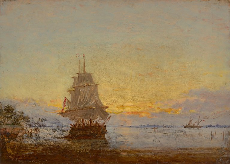 Auf diesem Bild ist das folgende Kunstwerk zu sehen: Félix Ziem. Segelboot bei Sonnenuntergang („Voilier au coucher du soleil“).
