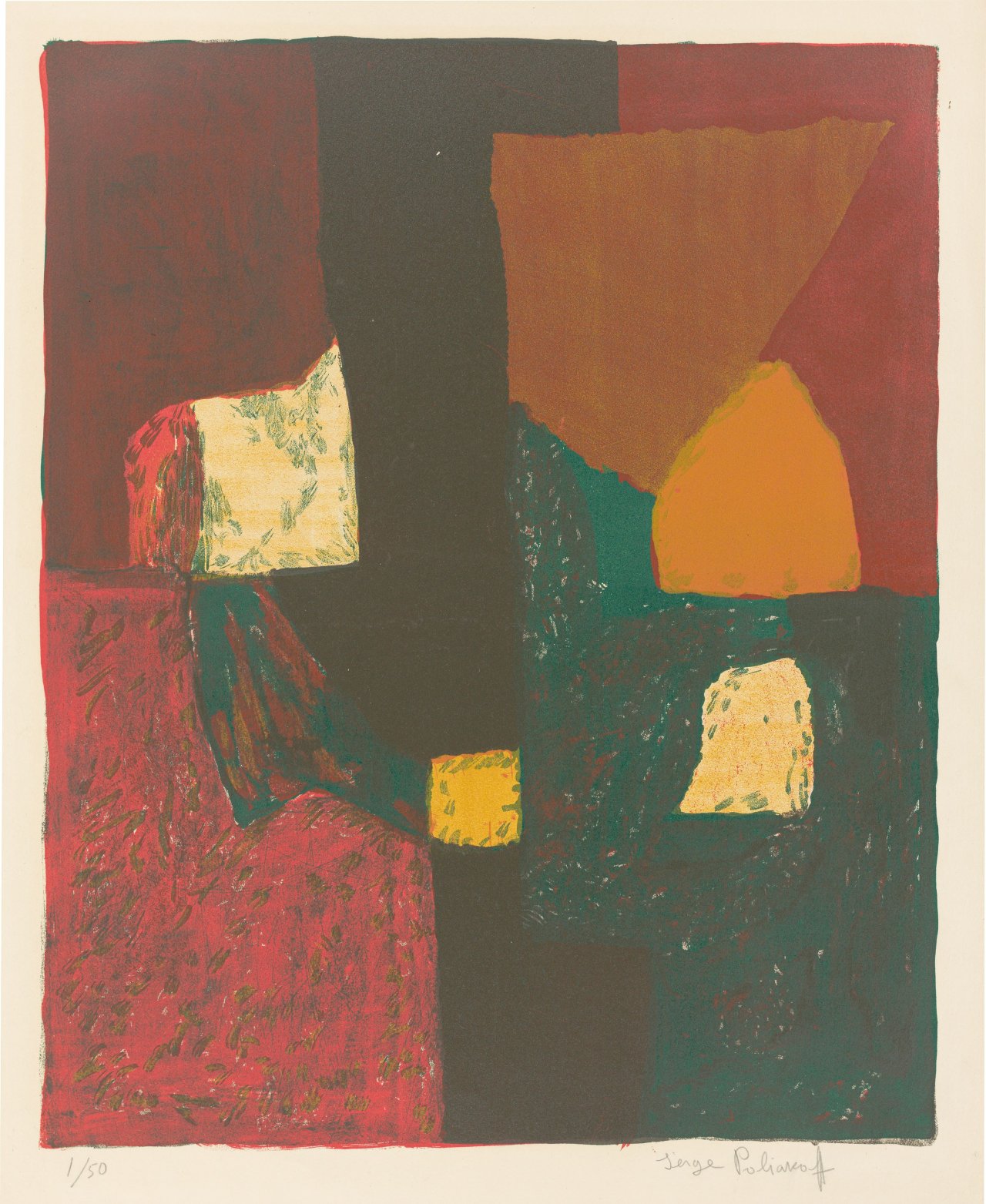 Auf diesem Bild ist das folgende Kunstwerk zu sehen: Serge Poliakoff. „Composition rouge, verte et jaune“. 1954.