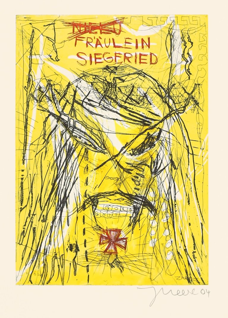 Auf diesem Bild ist das folgende Kunstwerk zu sehen: Jonathan Meese. „Die Grossmeisterin Hagen von Tronje“/„Fräulein Siegfried“. 2004.