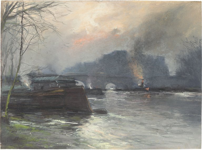 Auf diesem Bild ist das folgende Kunstwerk zu sehen: Gotthardt Kuehl. Blick auf die Pont Royal im winterlichen Paris. Um 1883-87.