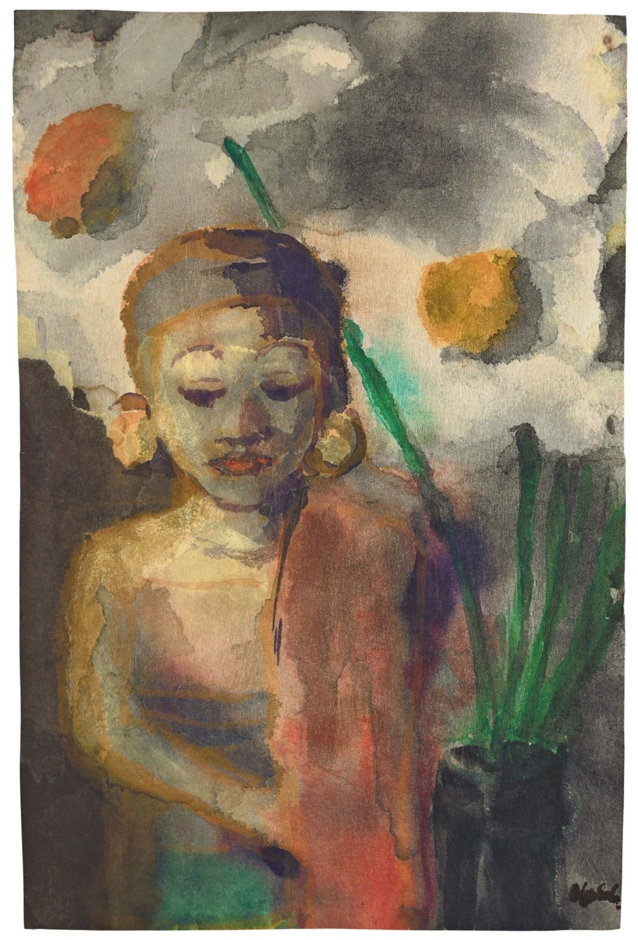 This picture shows the following artwork: Emil Nolde. Javanische Statuette und zwei Blüten. Um 1930/40.