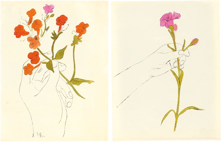 This picture shows the following artwork: Andy Warhol. Hand with Flowers / Carnation. Circa 1957.