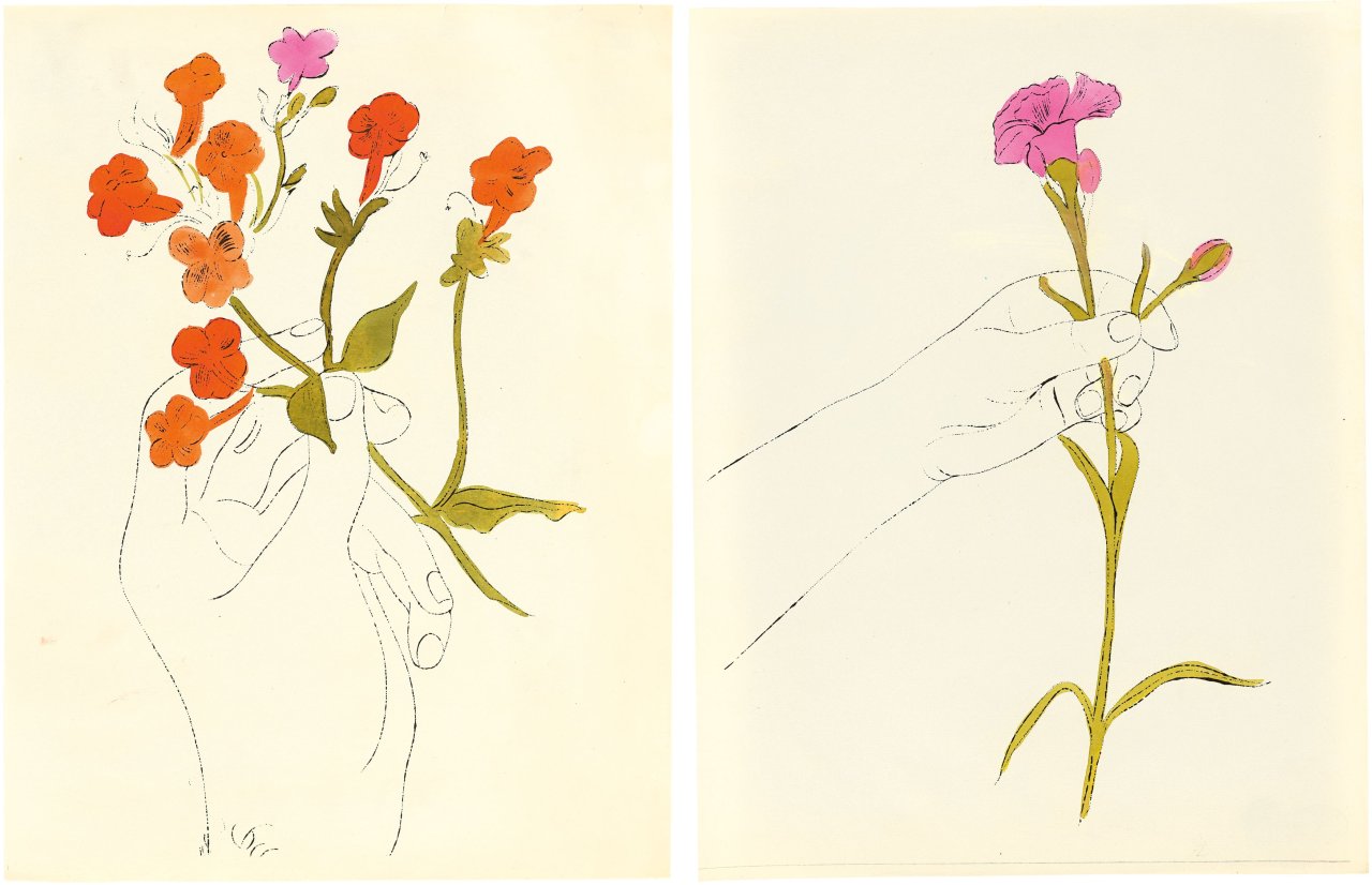 Auf diesem Bild ist das folgende Kunstwerk zu sehen: Andy Warhol. Hand with Flowers / Carnation. Um 1957.