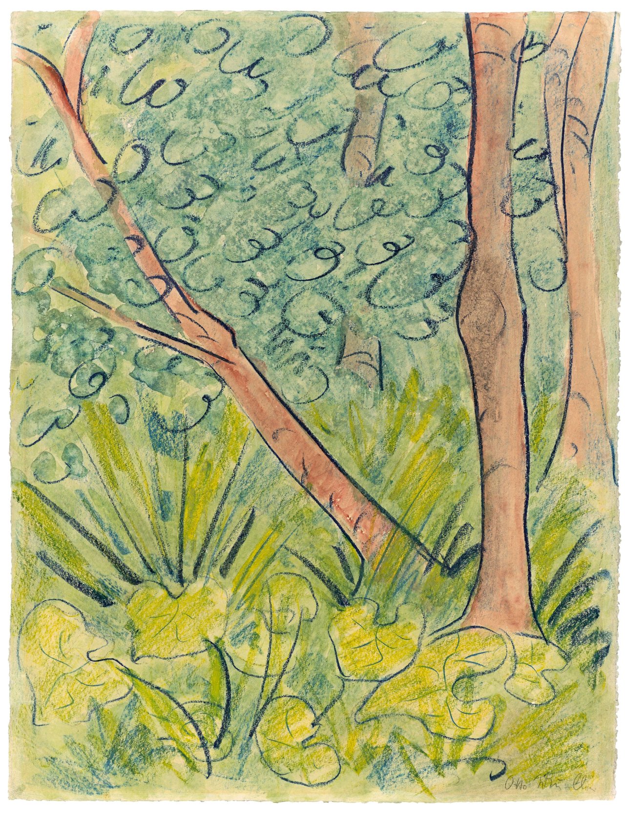 Auf diesem Bild ist das folgende Kunstwerk zu sehen: Otto Mueller. „Waldlandschaft mit Gräsern und Pflanzen“. 1924.