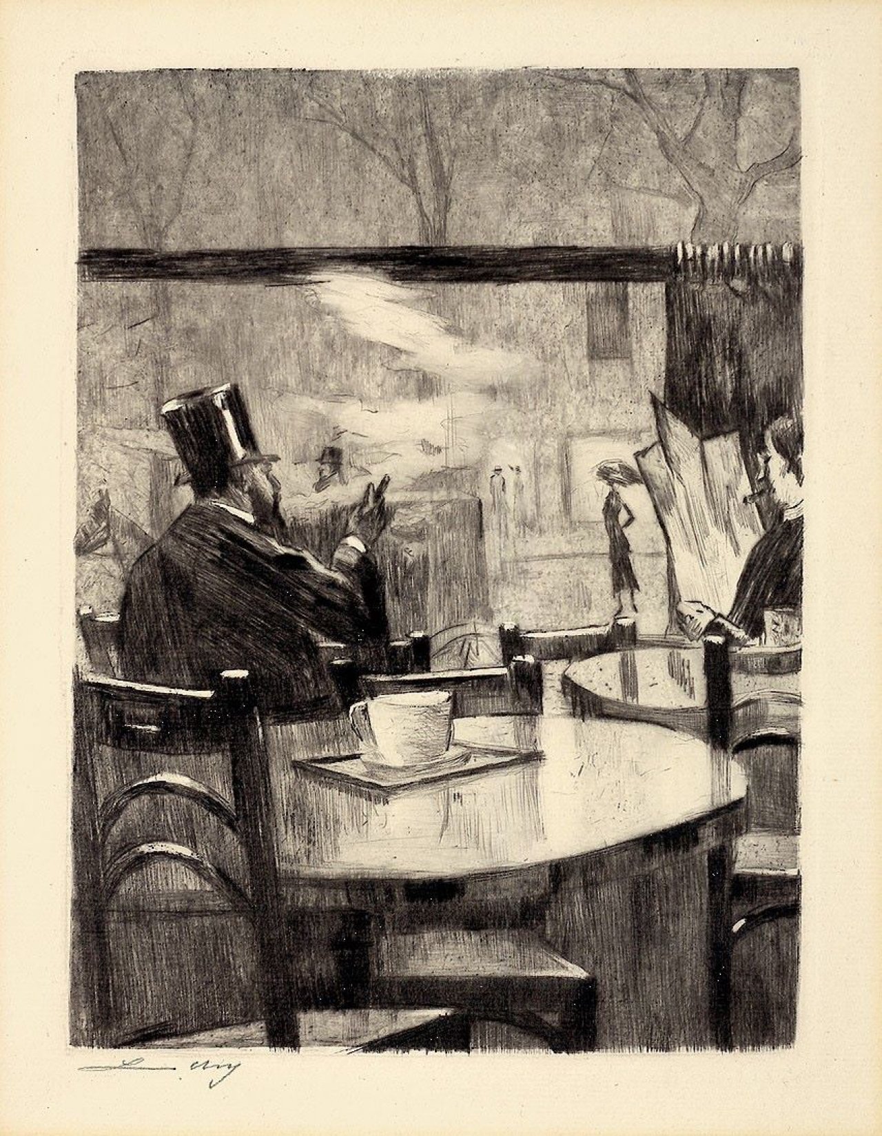 Auf diesem Bild ist das folgende Kunstwerk zu sehen: Lesser Ury. „Herr mit Zylinder vor einem Kaffeehausfenster – in Rückenansicht“. 1923.