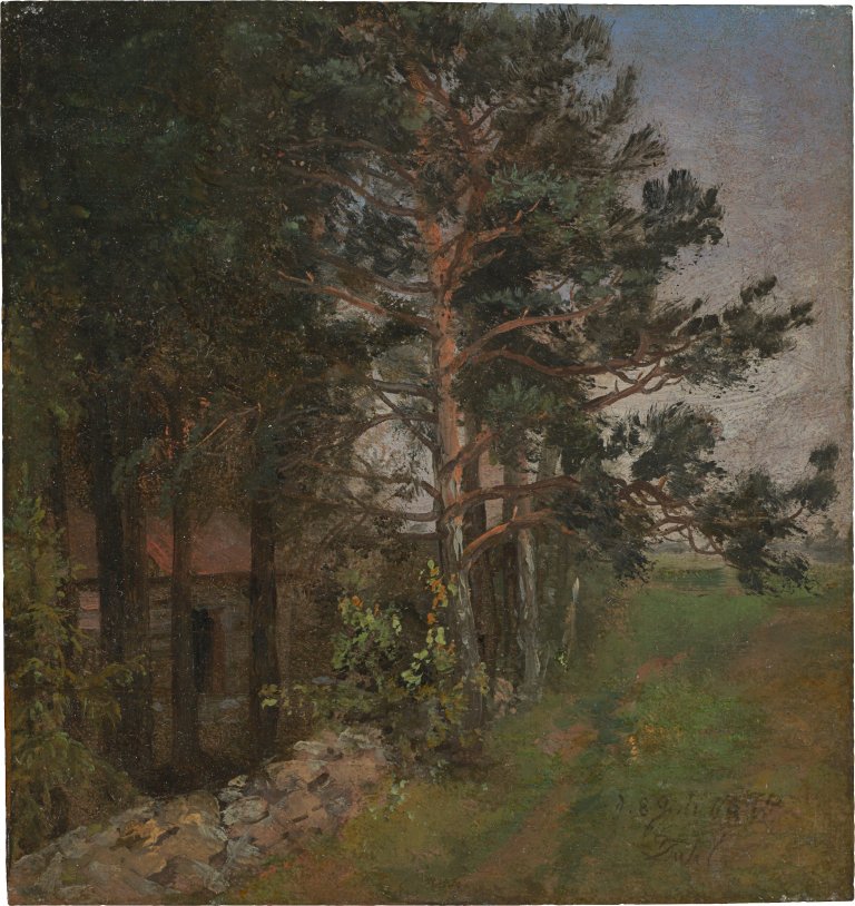 Auf diesem Bild ist das folgende Kunstwerk zu sehen: Johan Christian Clausen Dahl. Partie bei Jomfrubraaten, Christiana. 1844.