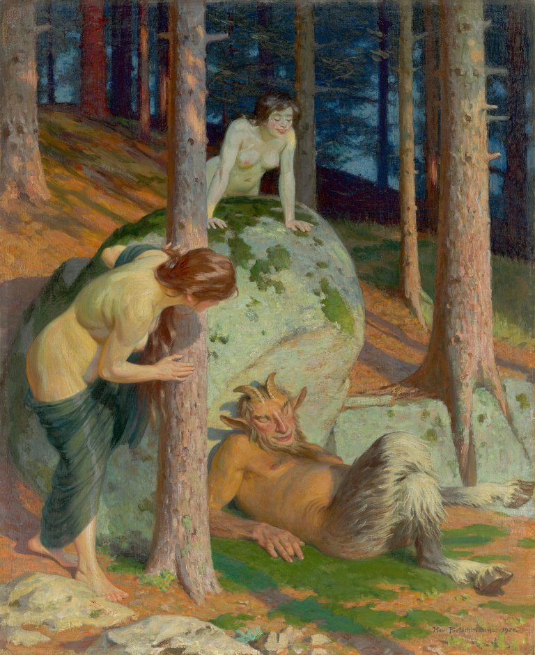 Auf diesem Bild ist das folgende Kunstwerk zu sehen: Max Pietschmann. Pan und Nymphen beim Versteckspiel. 1921.