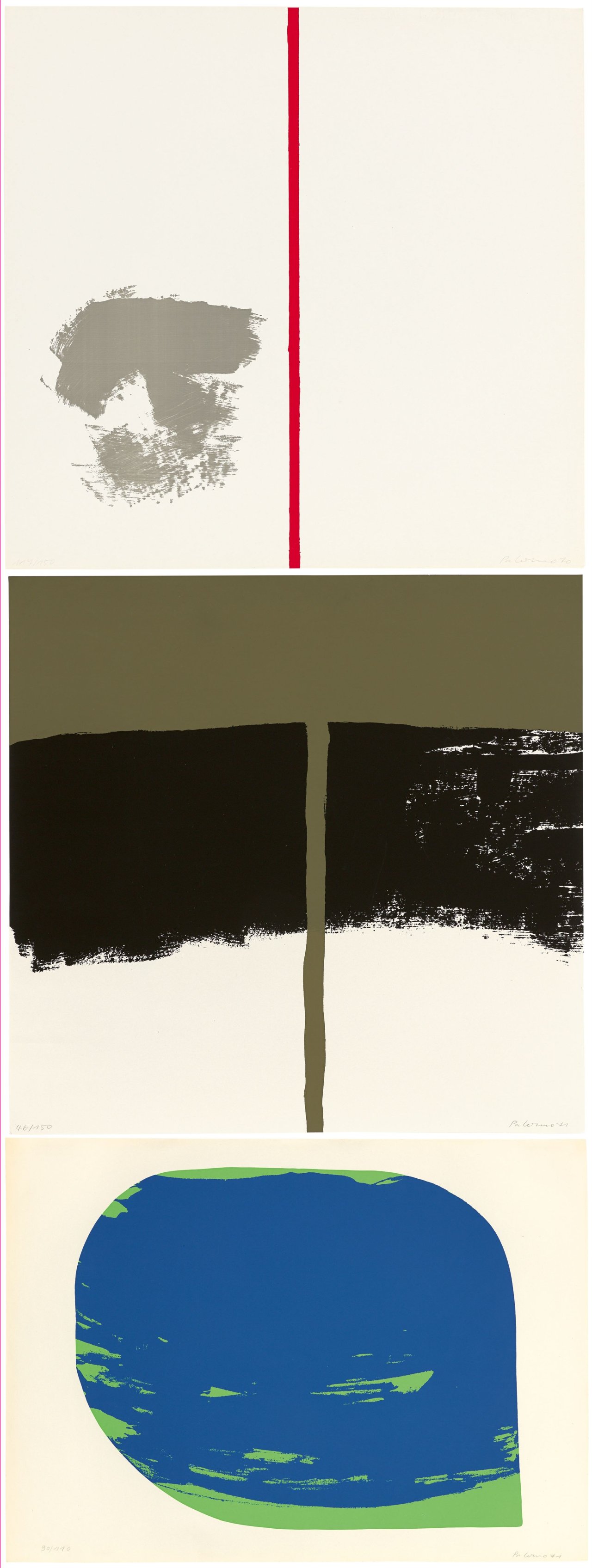 Auf diesem Bild ist das folgende Kunstwerk zu sehen: Blinky Palermo. „Ohne Titel „mit rotem Strich“ / „Ohne Titel“ / „T“. 1970 / 1971 / 1970/71.
