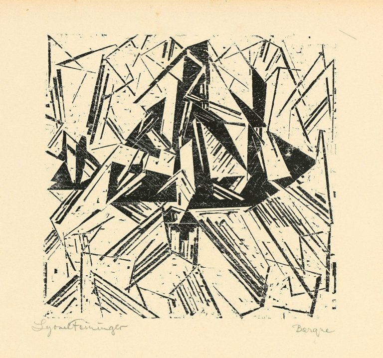 Auf diesem Bild ist das folgende Kunstwerk zu sehen: Lyonel Feininger. „Barke und Brigg auf See“. 1918.