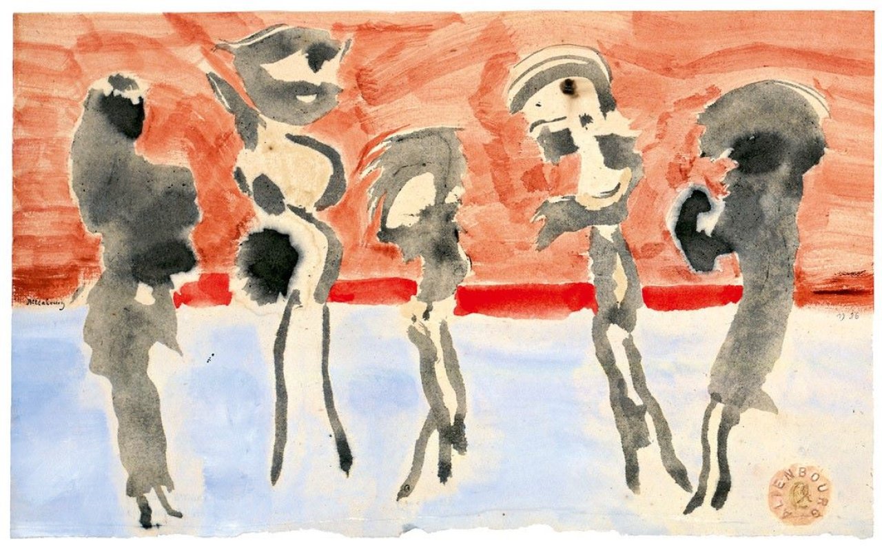 Auf diesem Bild ist das folgende Kunstwerk zu sehen: Gerhard Altenbourg. „Jule (auch Camilla genannt) betrachtet Heidi-Heida, Irrwisch, Furchenzieher (halfterlos), Kuschel-Ruschel-Schöne mit Fang=Gebärde“. 1986.