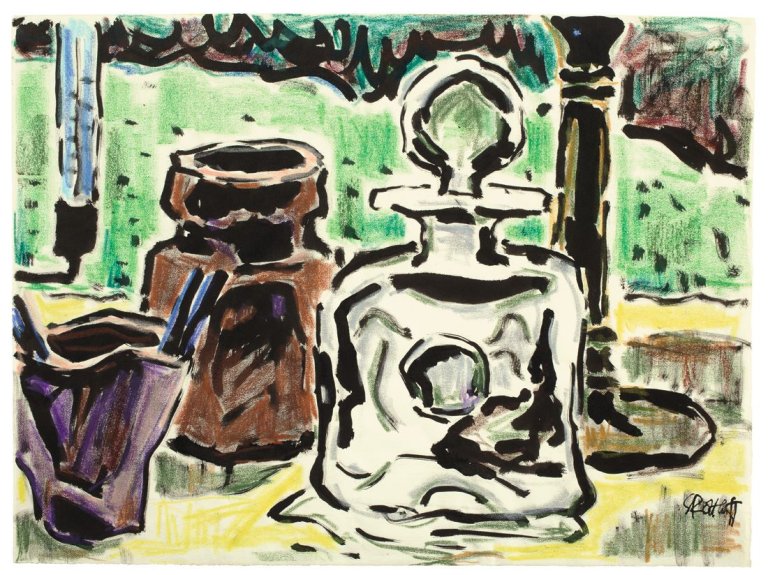 Auf diesem Bild ist das folgende Kunstwerk zu sehen: Karl Schmidt-Rottluff. Stilleben mit Gefäßen. 1960er Jahre.