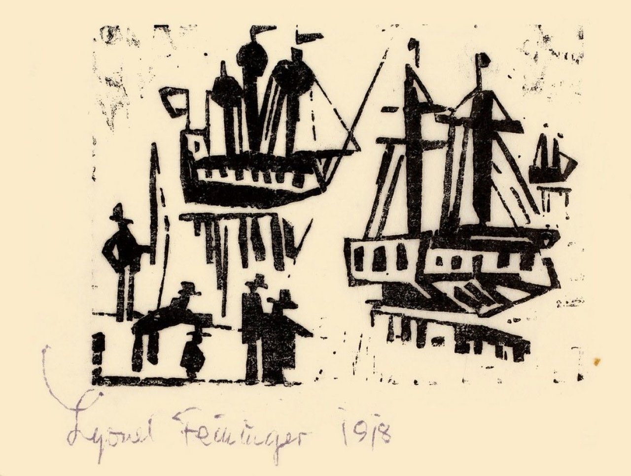 Auf diesem Bild ist das folgende Kunstwerk zu sehen: Lyonel Feininger. „Angler und Schiffe“. 1916.