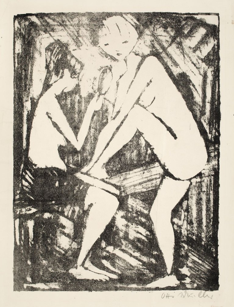Auf diesem Bild ist das folgende Kunstwerk zu sehen: Otto Mueller. „Zwei Mädchen mit Handspiegel (1)“. Um 1919.