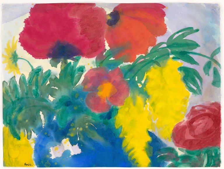 This picture shows the following artwork: Emil Nolde. Poppy, Dahlia and Laburnum in Blue Vase. Circa 1930/35.