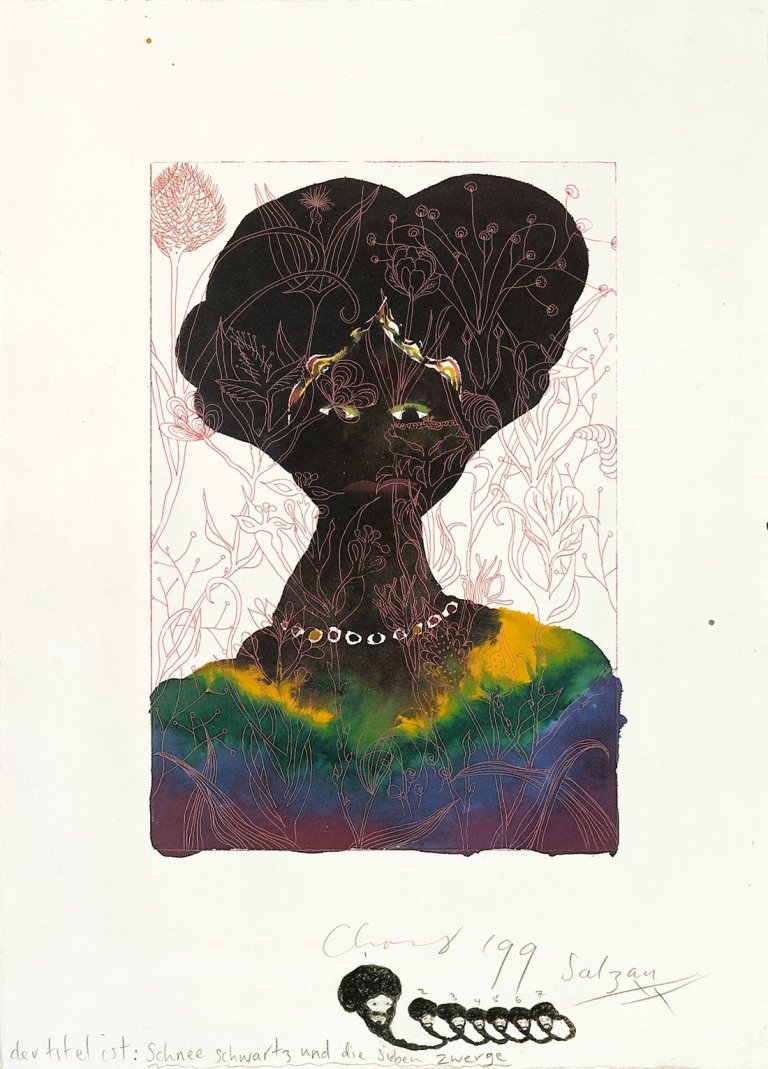 Auf diesem Bild ist das folgende Kunstwerk zu sehen: Chris Ofili. „Schneeschwarz und die sieben Zwerge“. 1999.