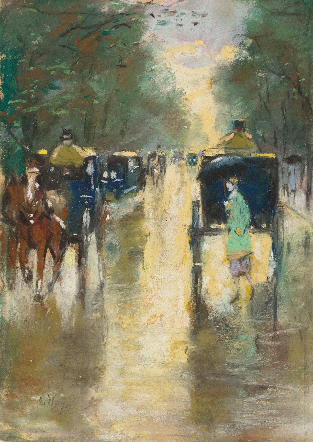 Auf diesem Bild ist das folgende Kunstwerk zu sehen: Lesser Ury. „Droschken (Regenstimmung)“. Um 1915/20.